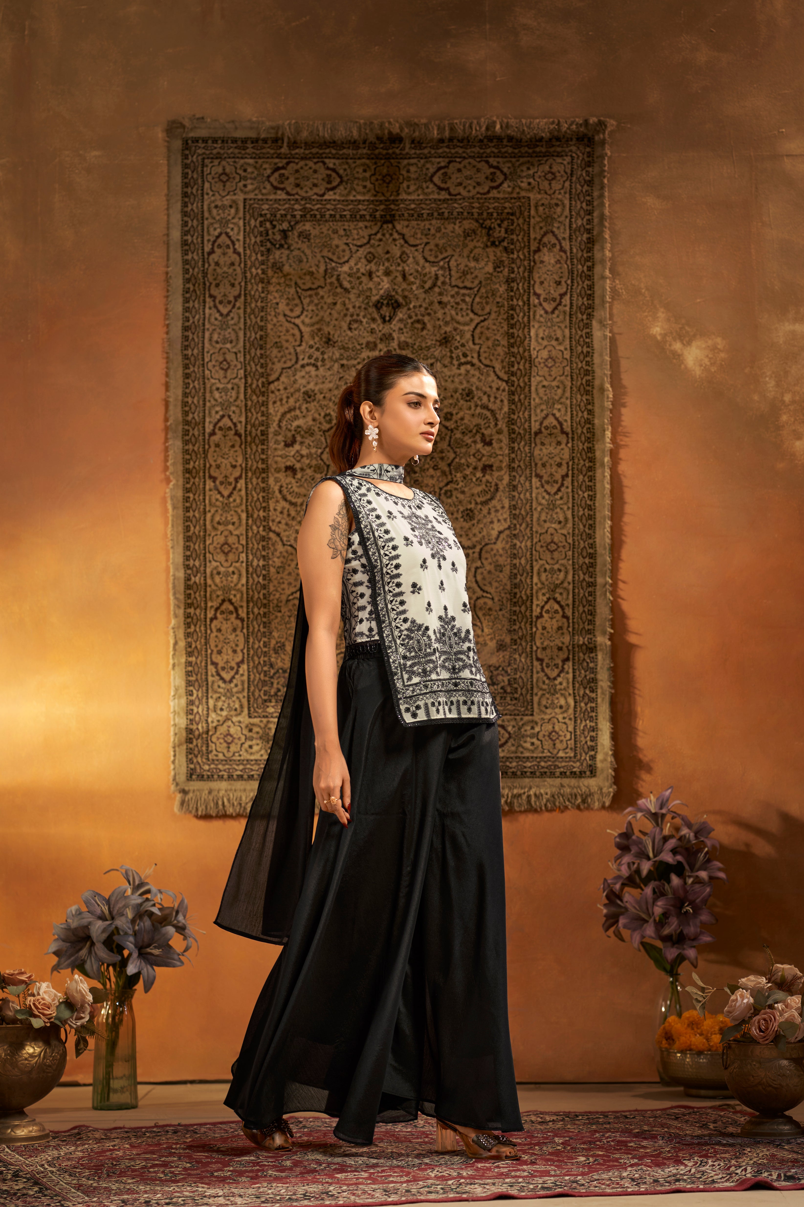 Black & White Embroidered Designer Indo Western Suit