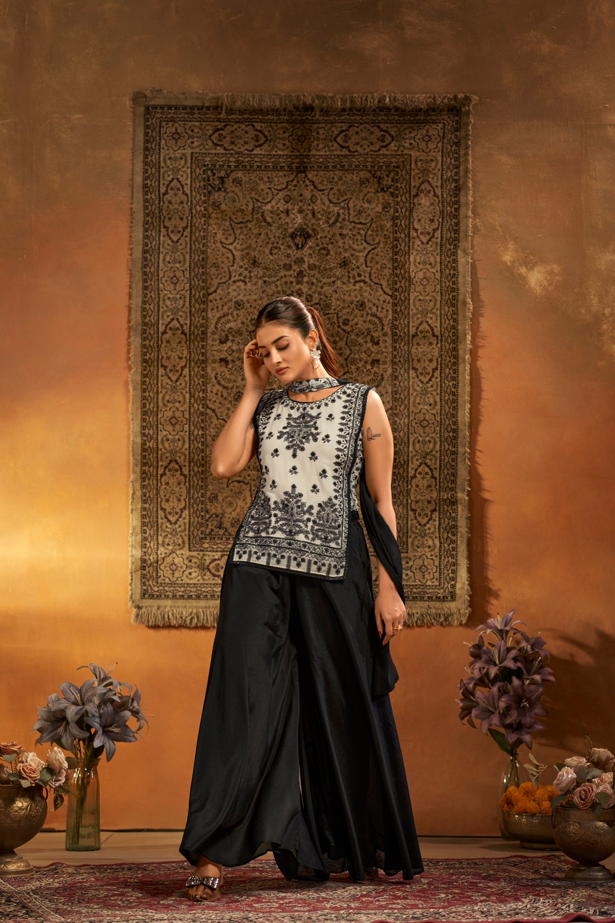Black & White Embroidered Designer Indo Western Suit