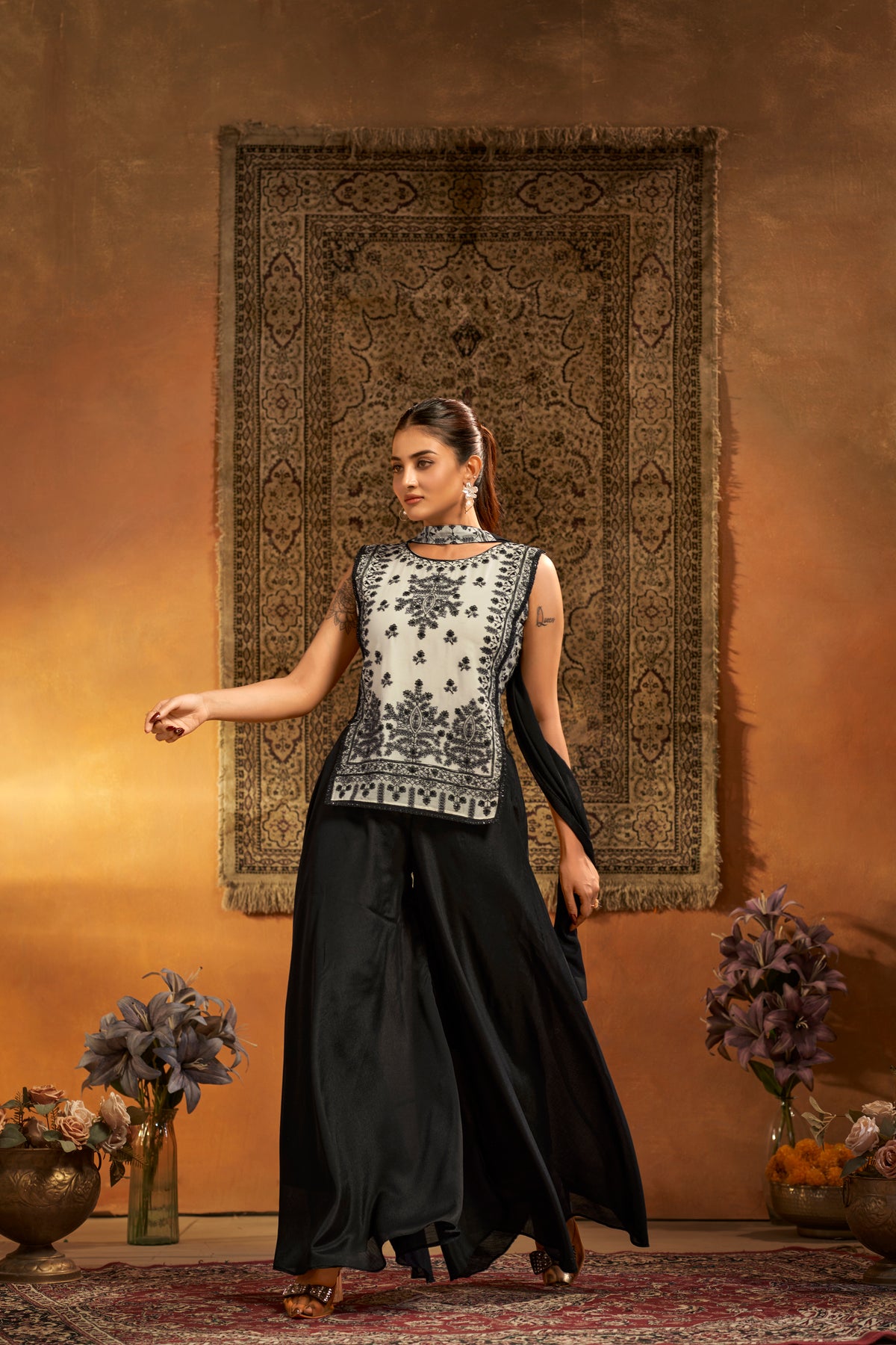 Black & White Embroidered Designer Indo Western Suit