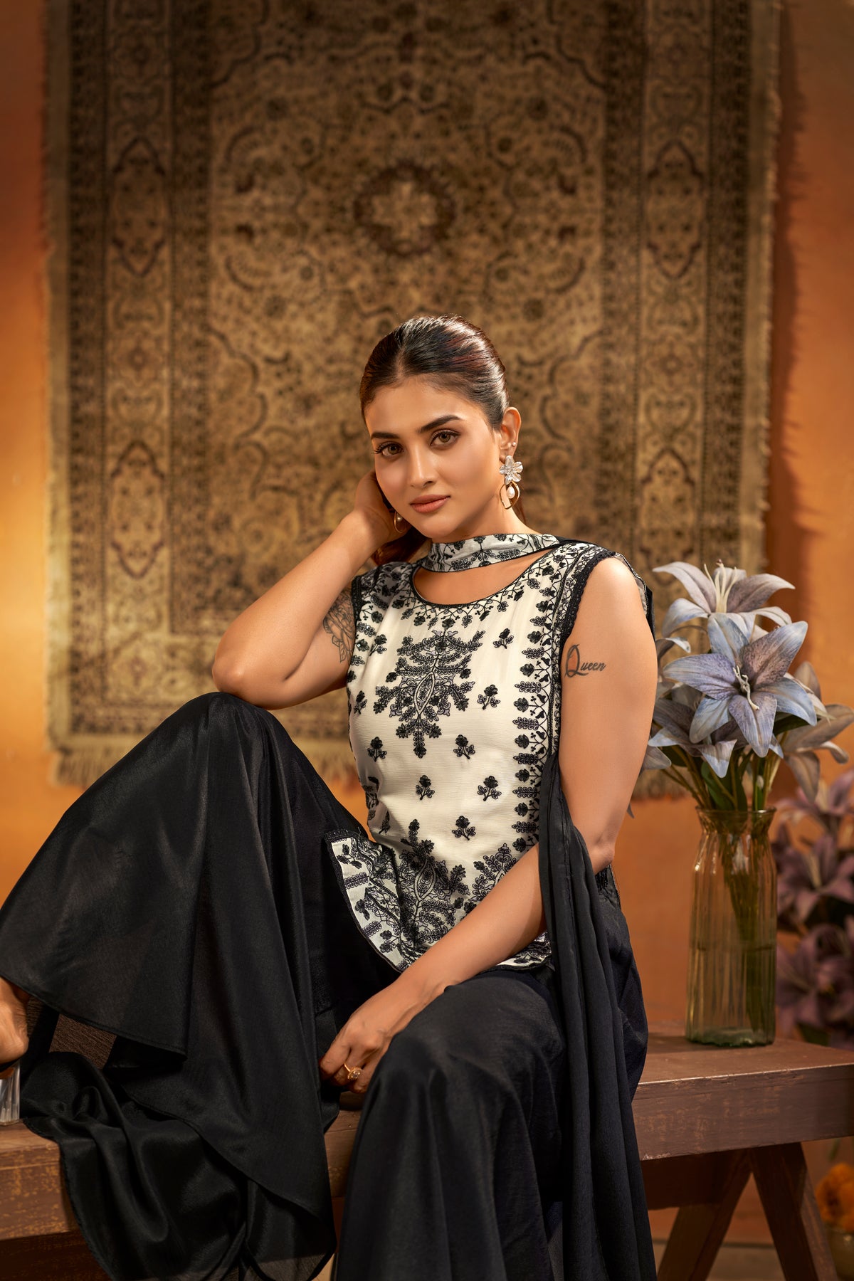 Black & White Embroidered Designer Indo Western Suit