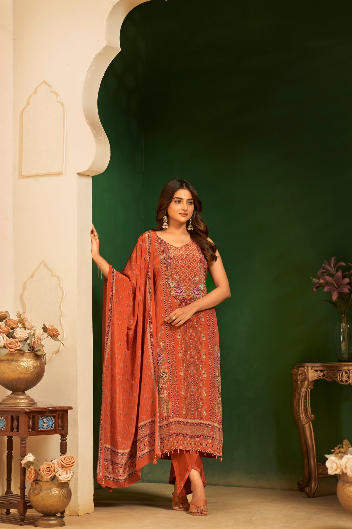 Burnt Orange Printed Handcrafted Embroidered Designer Suit Set