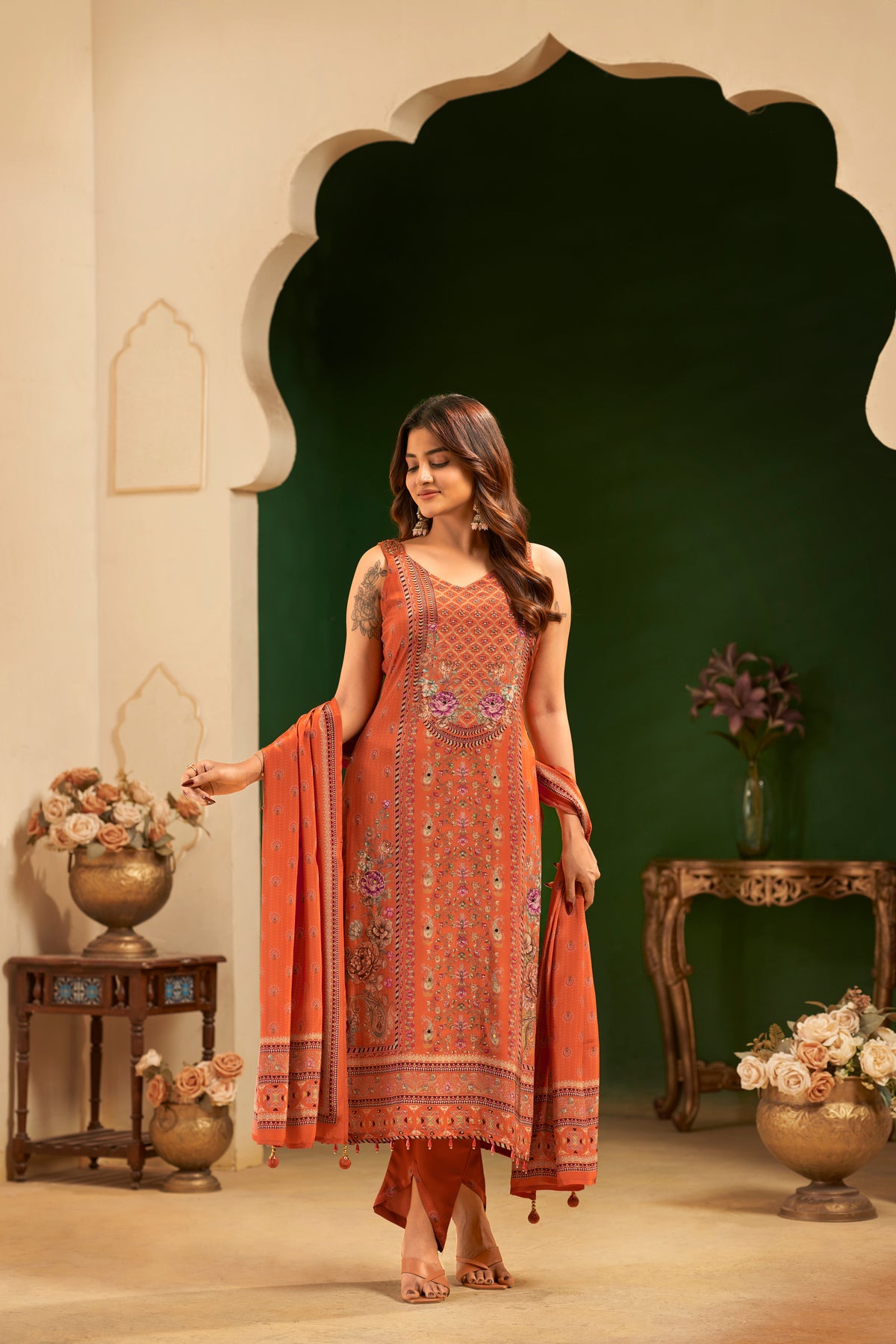 Burnt Orange Printed Handcrafted Embroidered Designer Suit Set