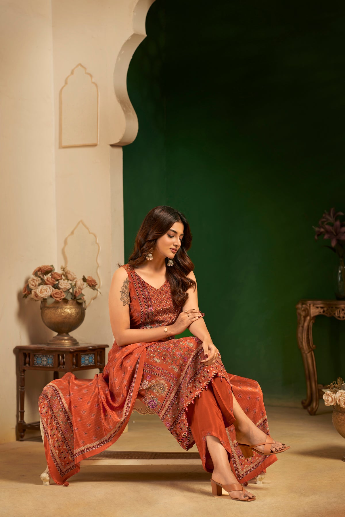 Burnt Orange Printed Handcrafted Embroidered Designer Suit Set