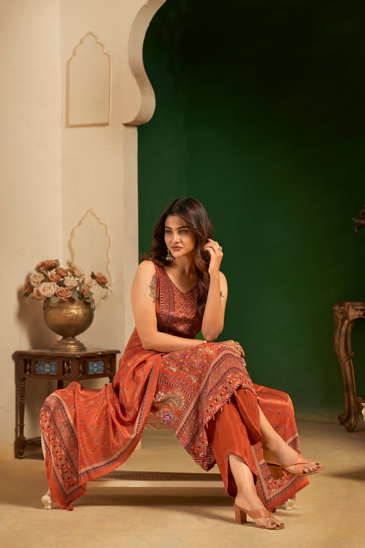 Burnt Orange Printed Handcrafted Embroidered Designer Suit Set