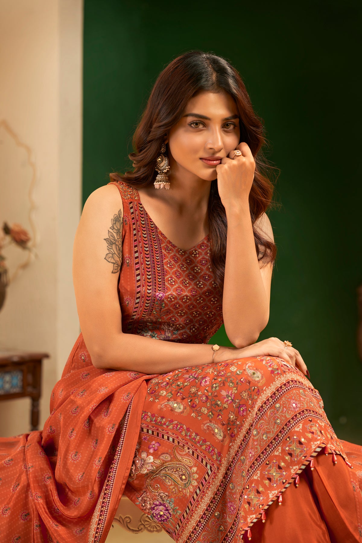 Burnt Orange Printed Handcrafted Embroidered Designer Suit Set