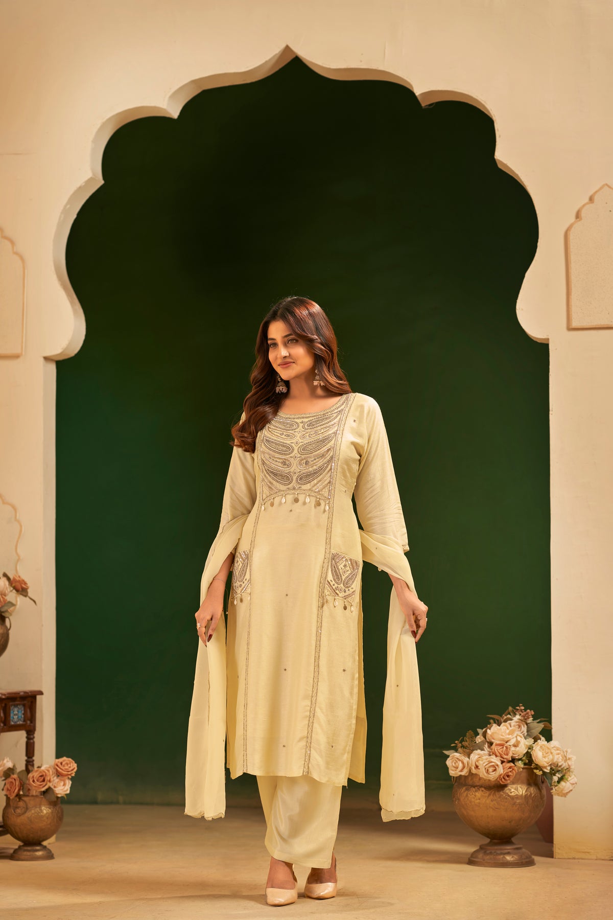 Cream Hand Embroidered Designer Suit Set