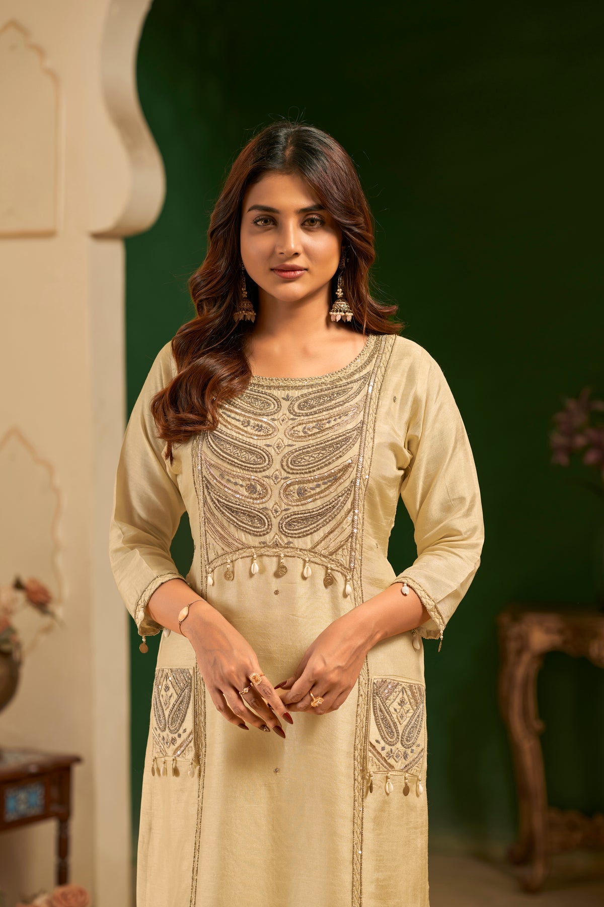 Cream Hand Embroidered Designer Suit Set