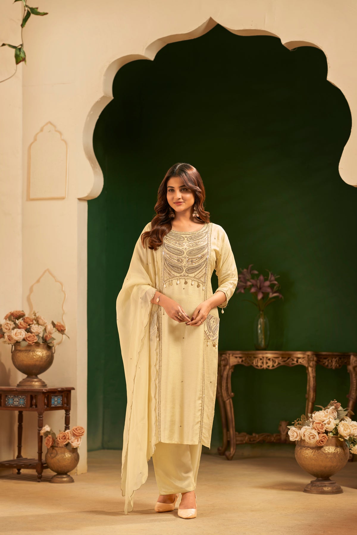 Cream Hand Embroidered Designer Suit Set