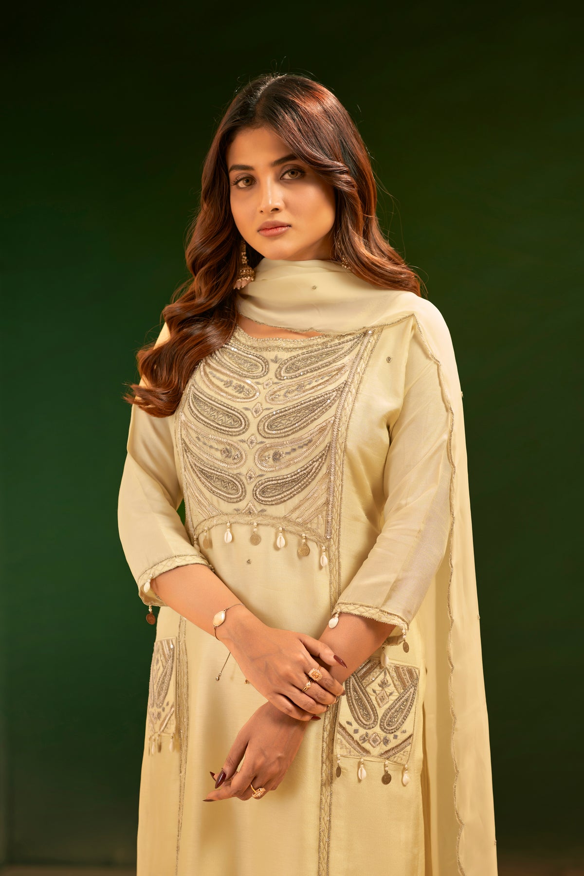 Cream Hand Embroidered Designer Suit Set