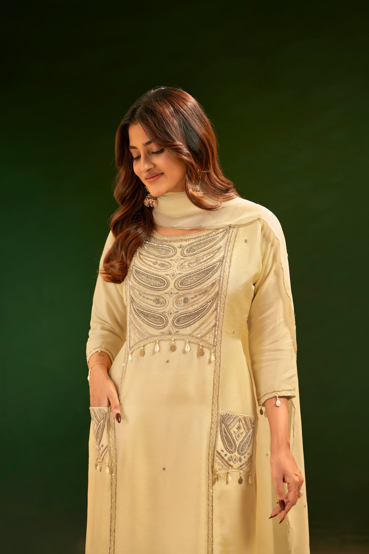 Cream Hand Embroidered Designer Suit Set