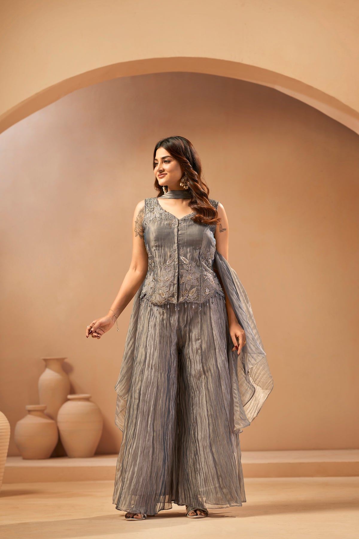 Grey Glass Tissue Embroidered Indo-Western Set