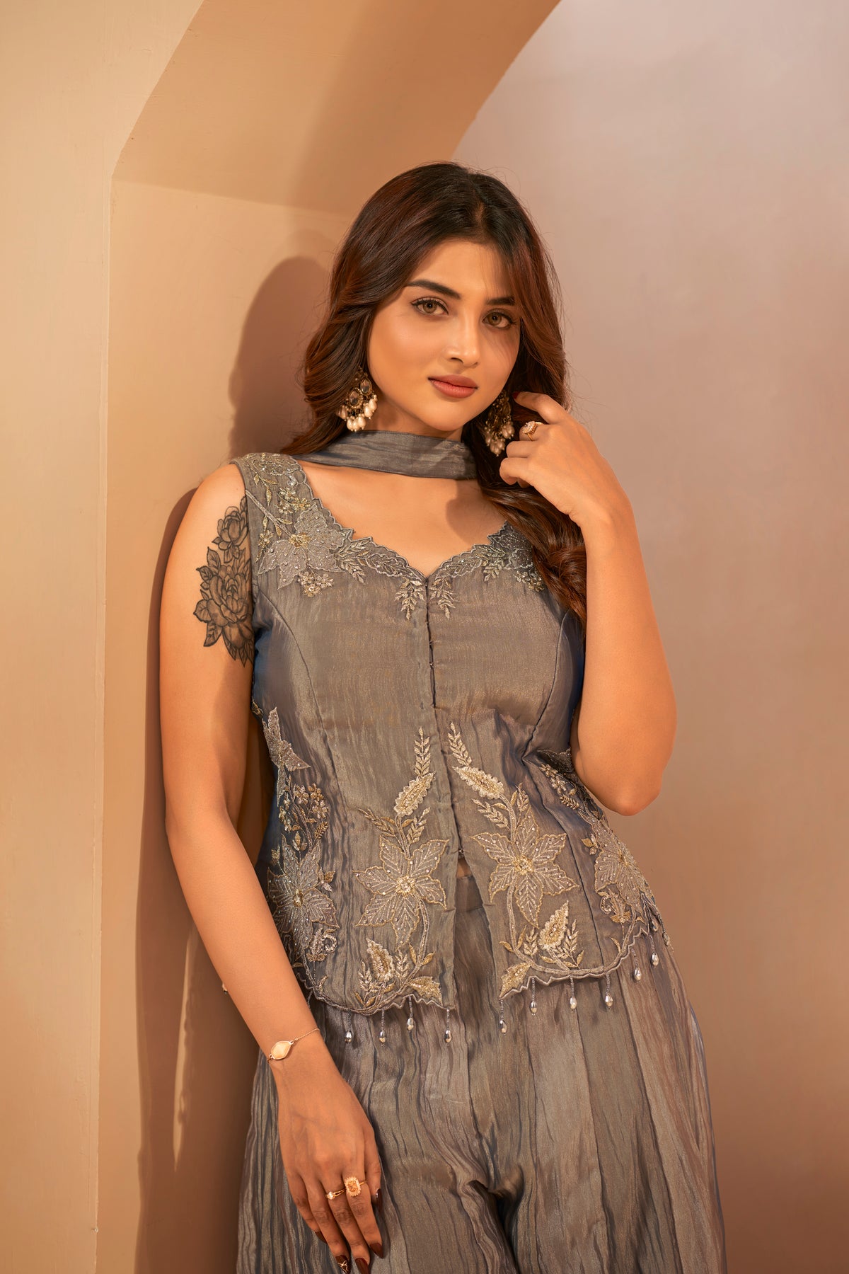 Grey Glass Tissue Embroidered Indo-Western Set