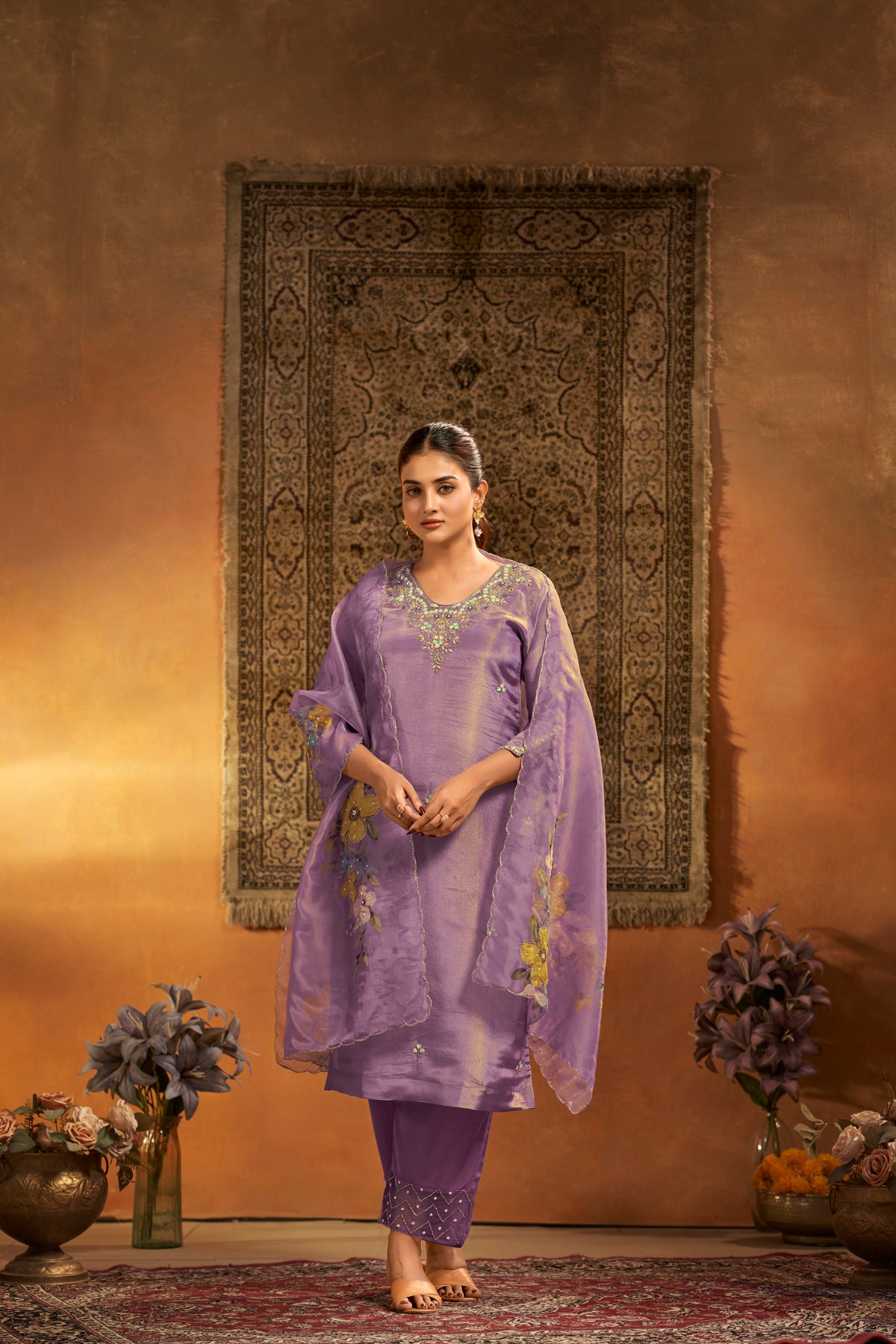 Lavender Tissue Silk Handcrafted Designer Suit Set