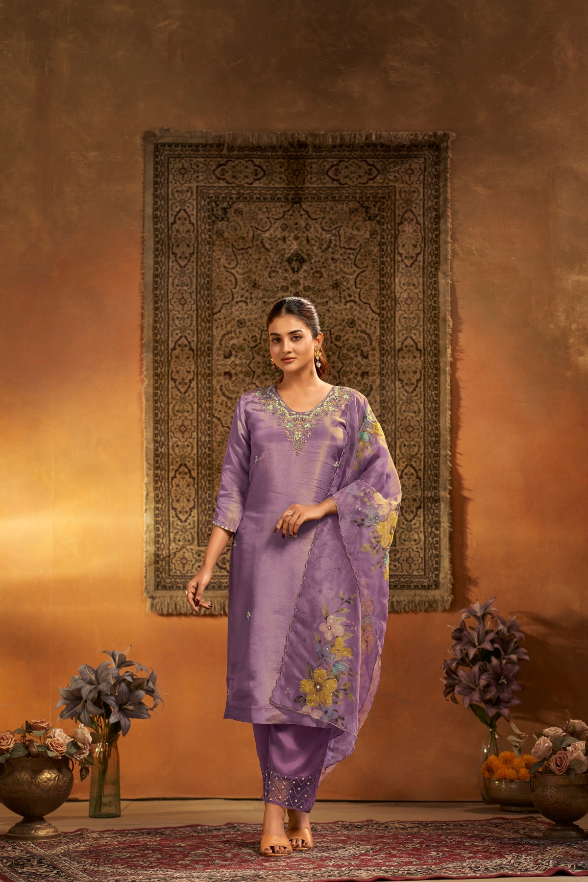 Lavender Tissue Silk Handcrafted Designer Suit Set