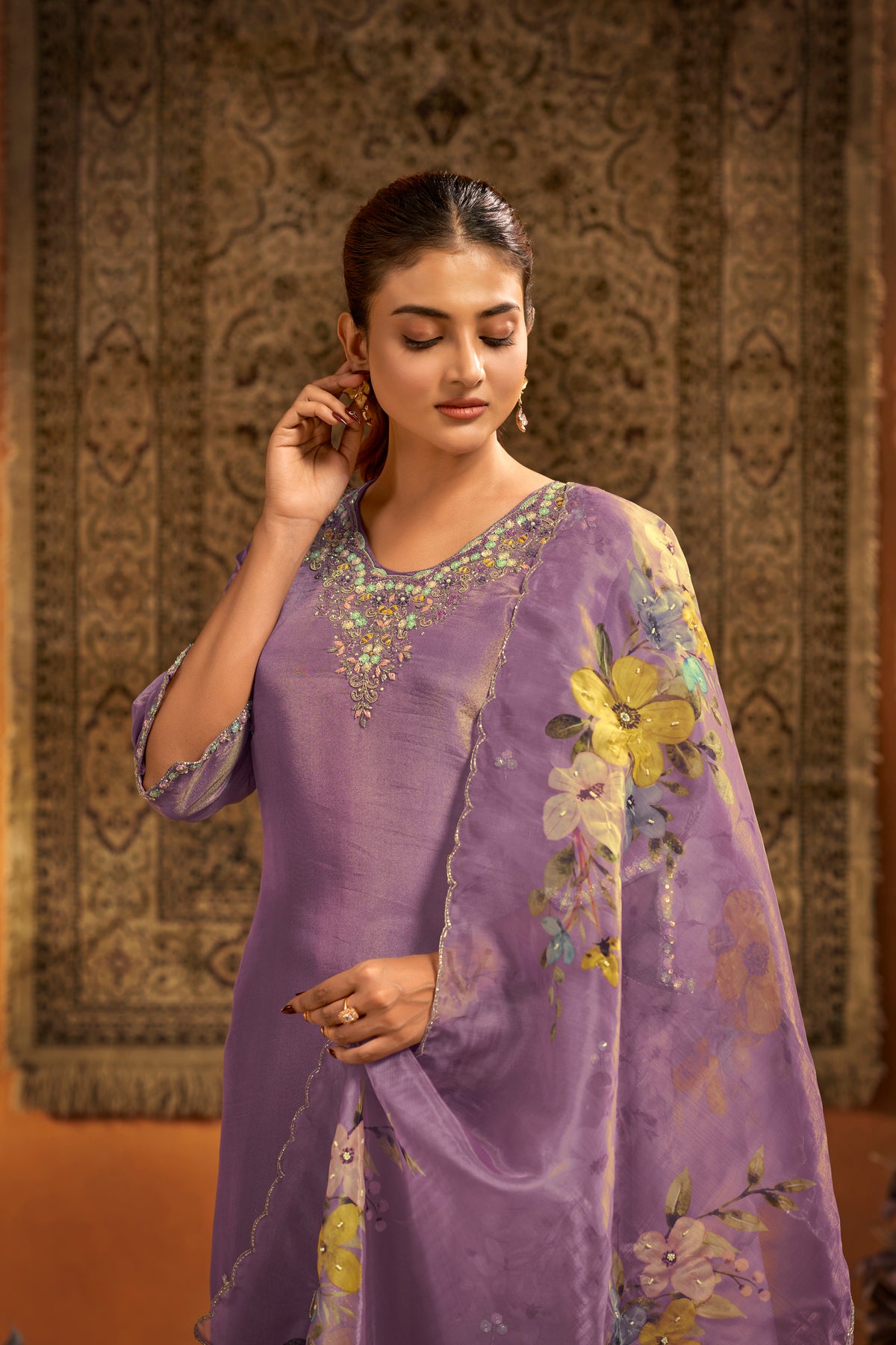 Lavender Tissue Silk Handcrafted Designer Suit Set