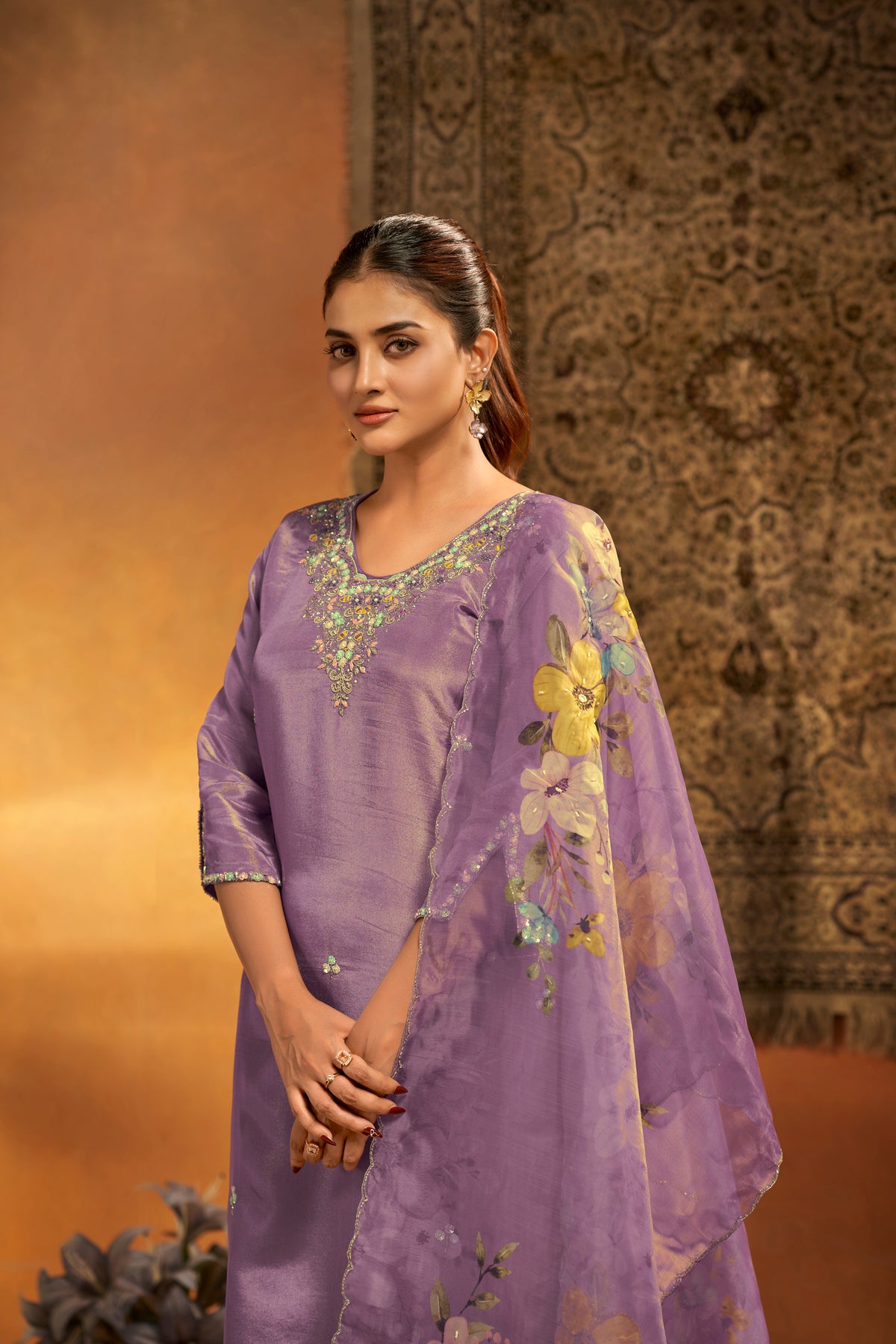 Lavender Tissue Silk Handcrafted Designer Suit Set