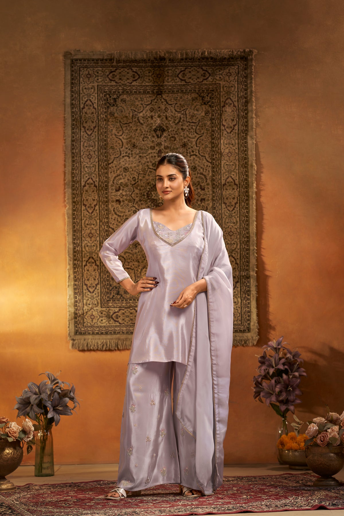 Lilac Shimmer Tissue Silk Embroidered Designer Suit 4-Piece Set
