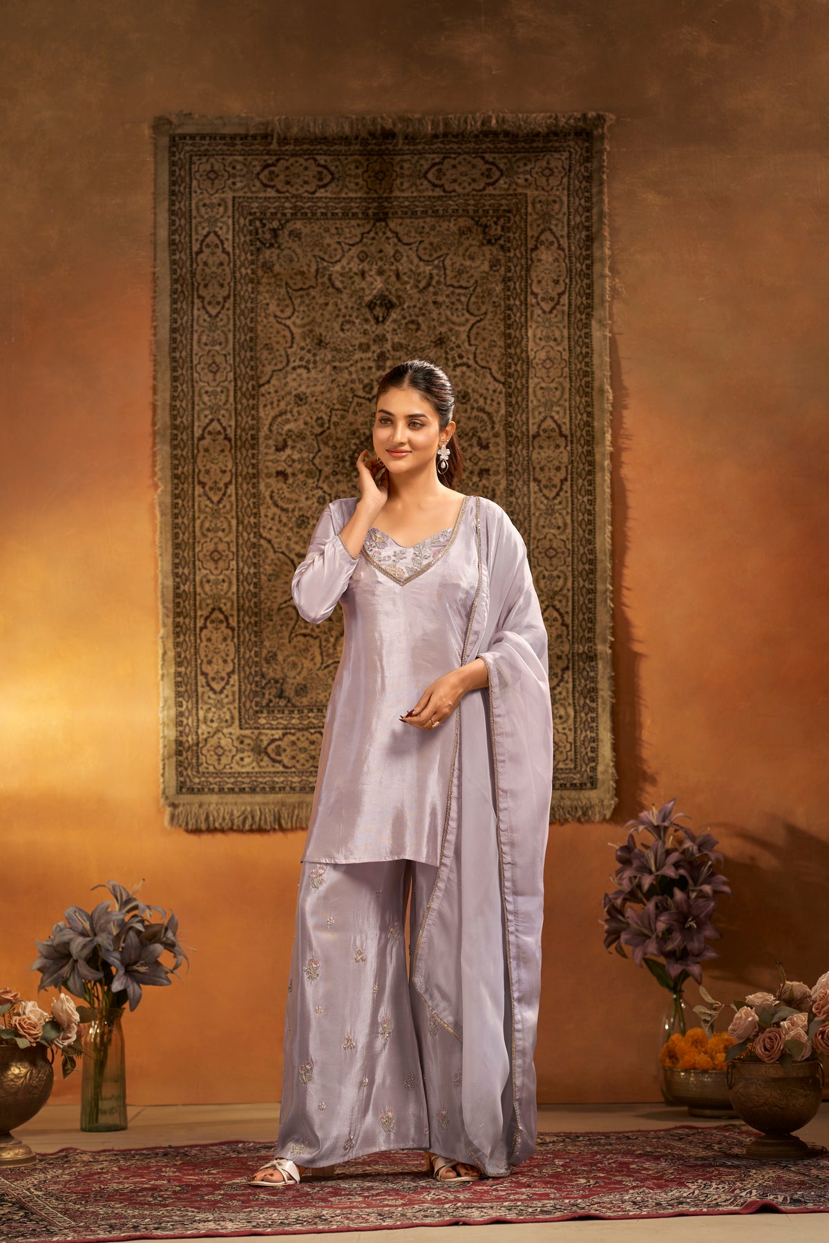Lilac Shimmer Tissue Silk Embroidered Designer Suit 4-Piece Set