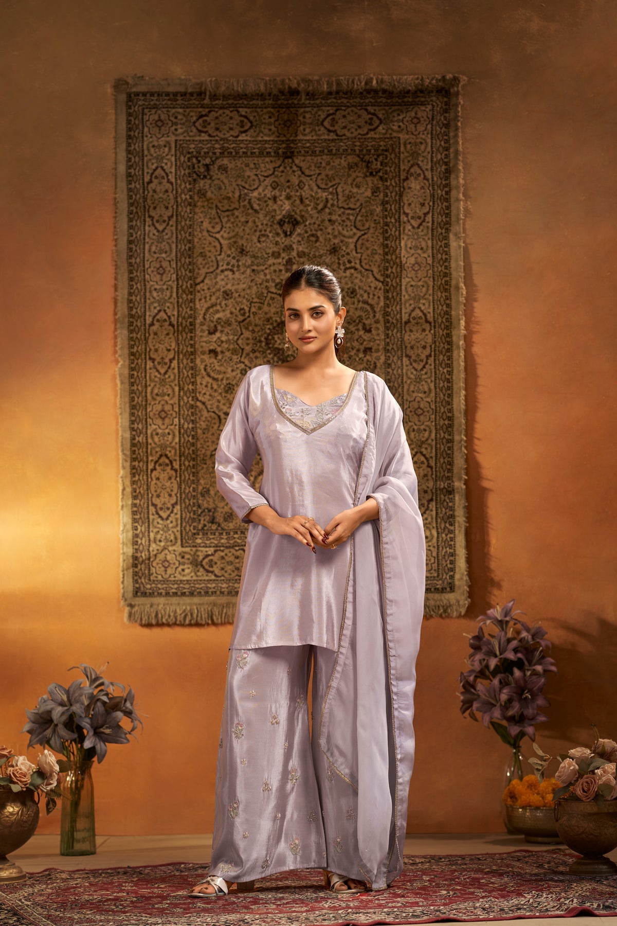 Lilac Shimmer Tissue Silk Embroidered Designer Suit 4-Piece Set