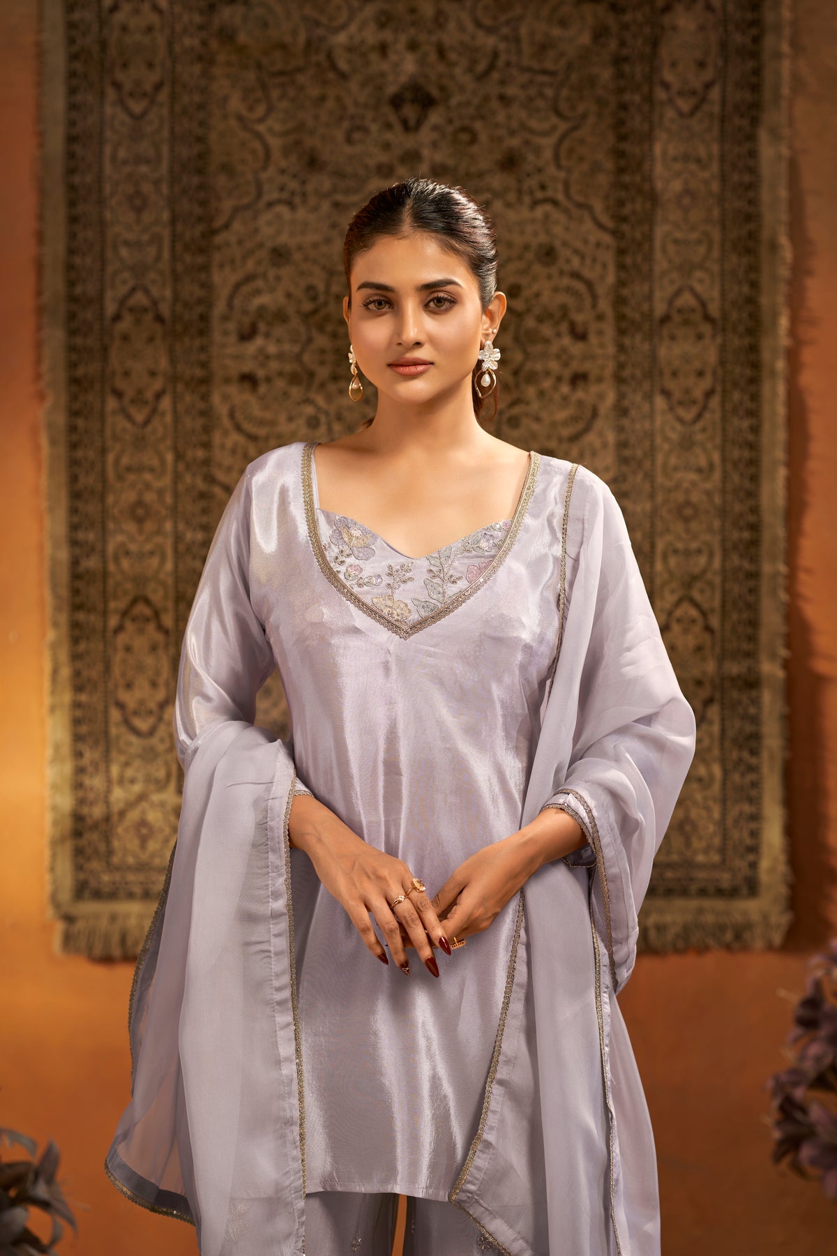 Lilac Shimmer Tissue Silk Embroidered Designer Suit 4-Piece Set