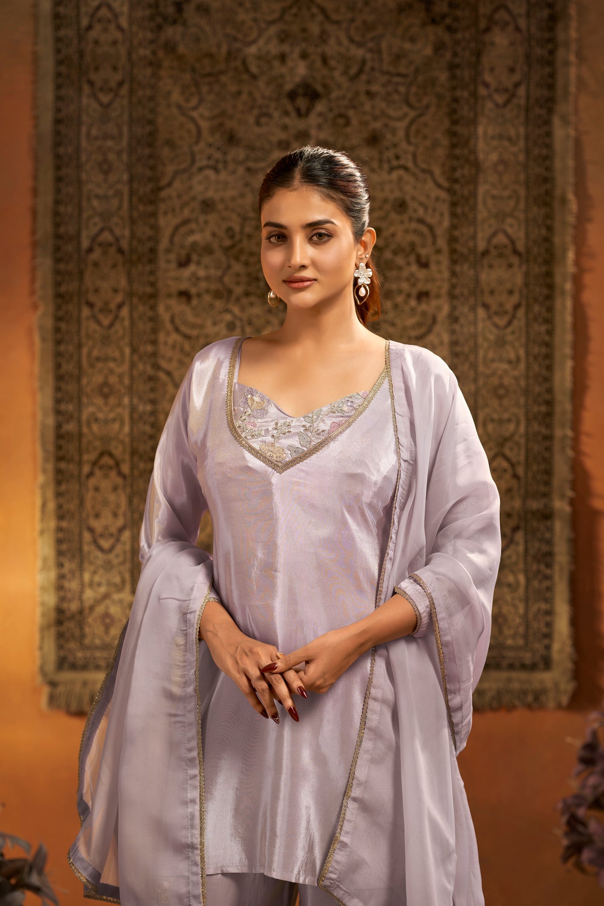 Lilac Shimmer Tissue Silk Embroidered Designer Suit 4-Piece Set