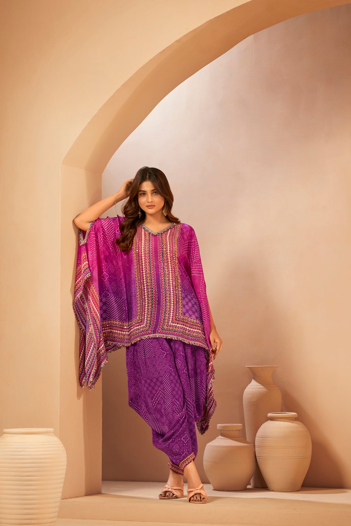 Magenta Hand Embroidered Printed Designer Kaftan Set