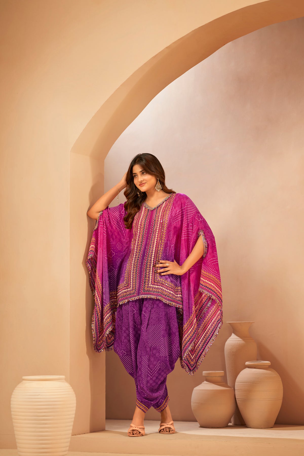 Magenta Hand Embroidered Printed Designer Kaftan Set