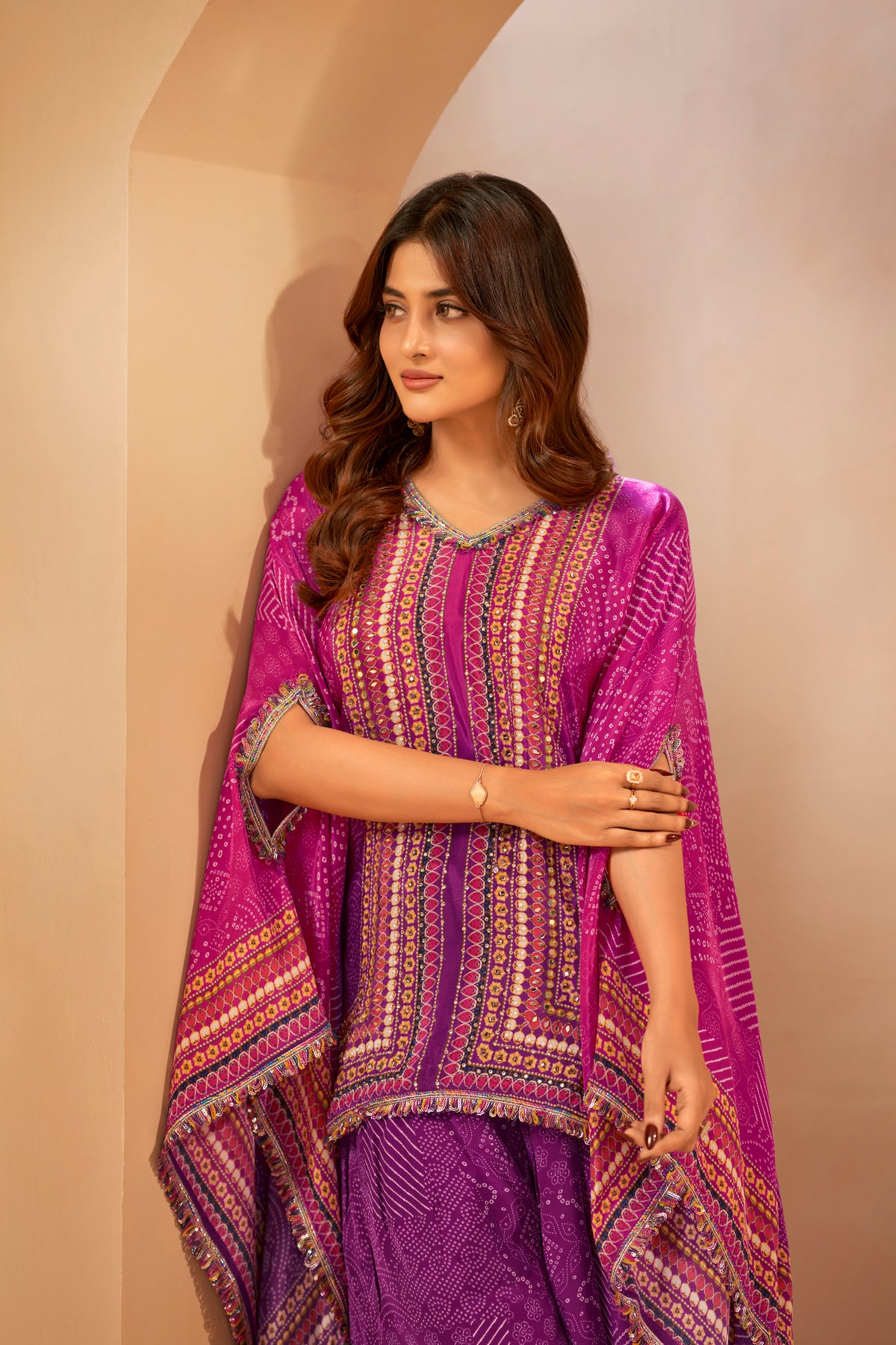 Magenta Hand Embroidered Printed Designer Kaftan Set