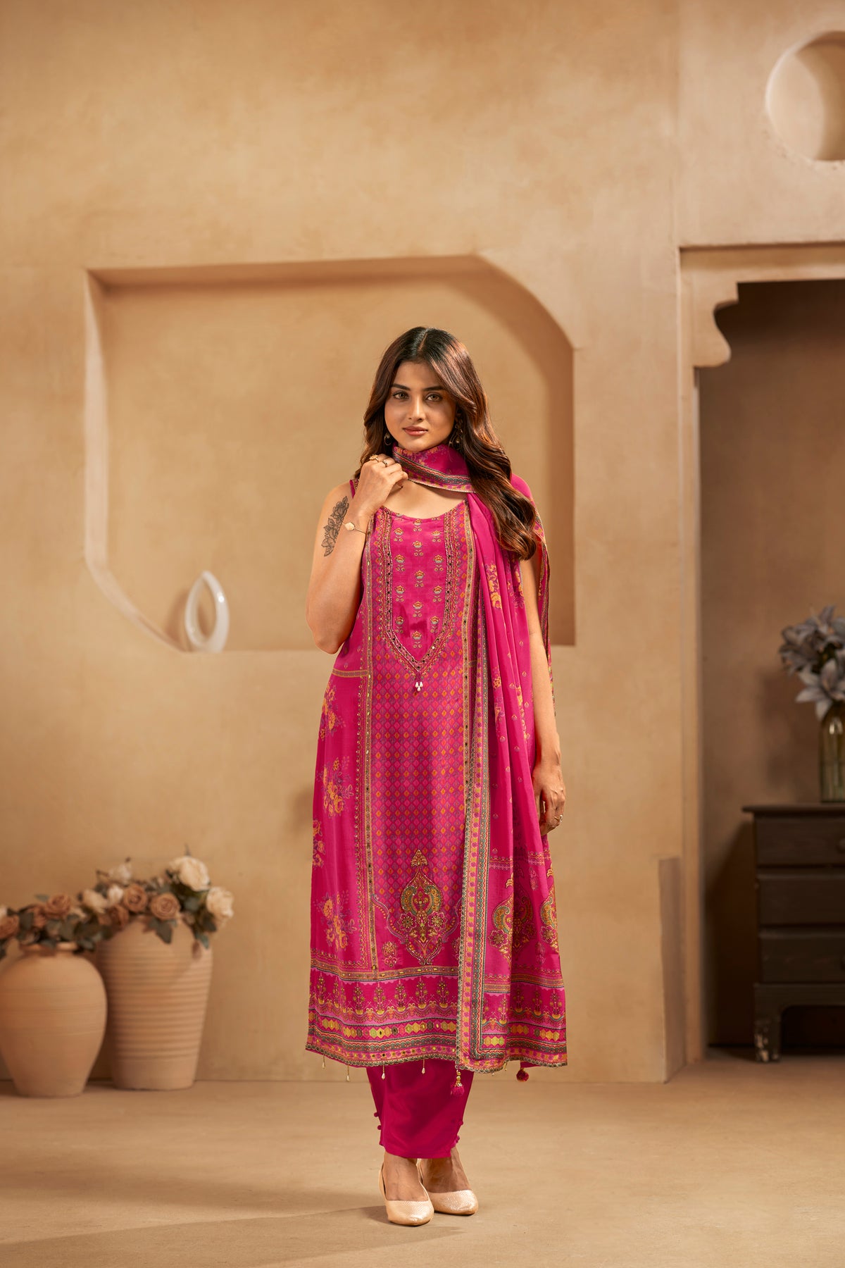 Magenta Printed Handcrafted Embroidered Designer Suit Set