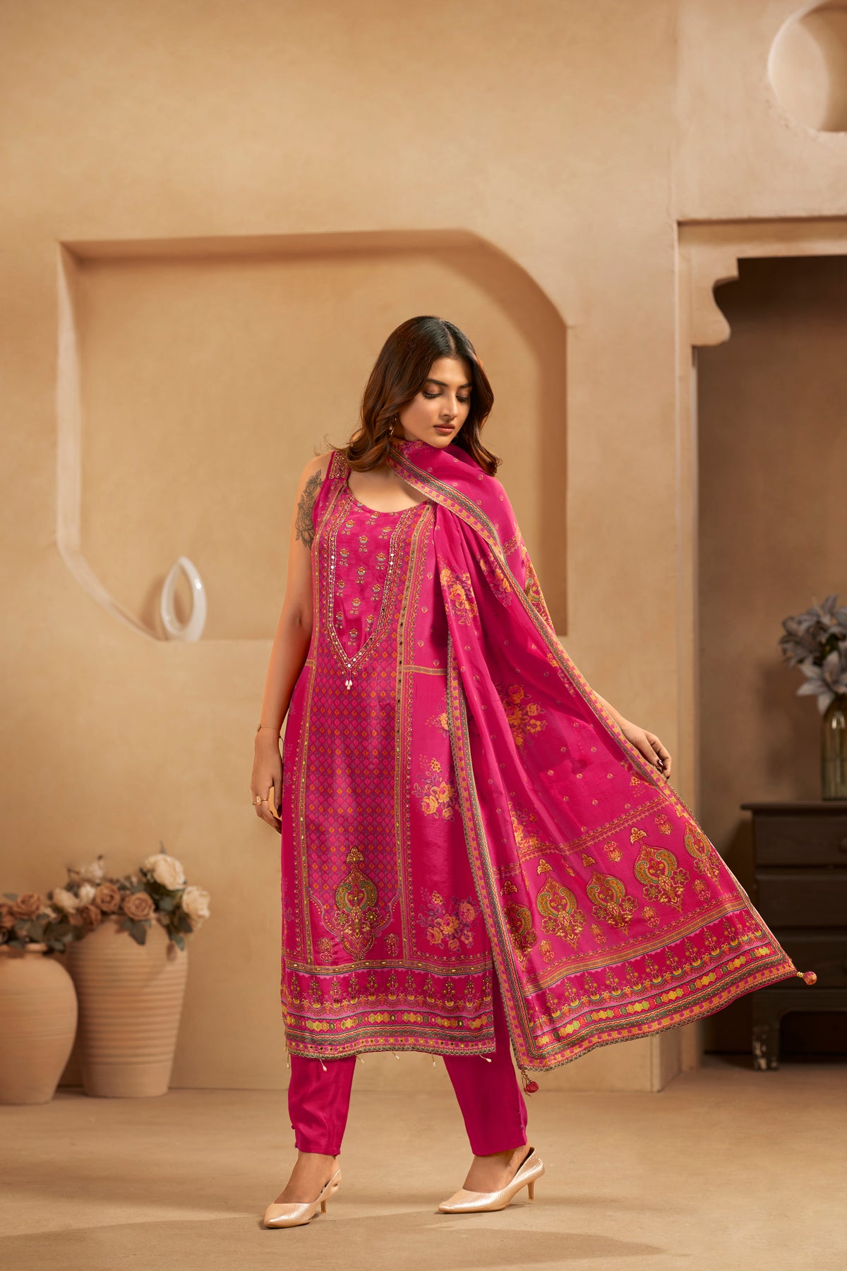 Magenta Printed Handcrafted Embroidered Designer Suit Set