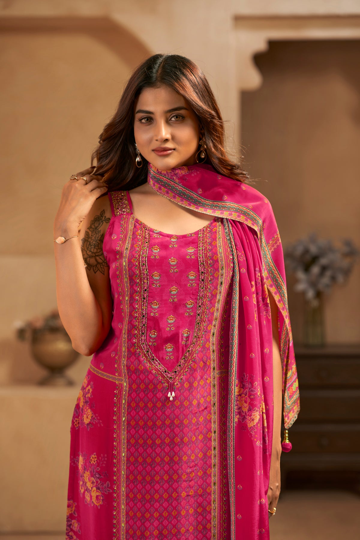 Magenta Printed Handcrafted Embroidered Designer Suit Set