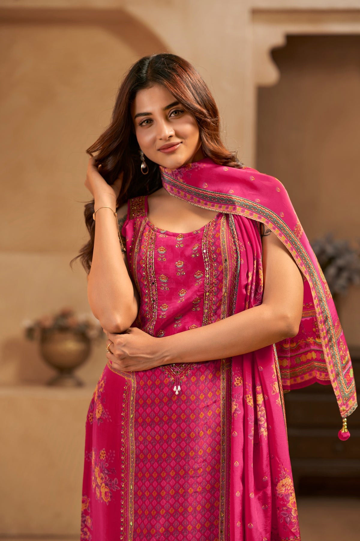 Magenta Printed Handcrafted Embroidered Designer Suit Set