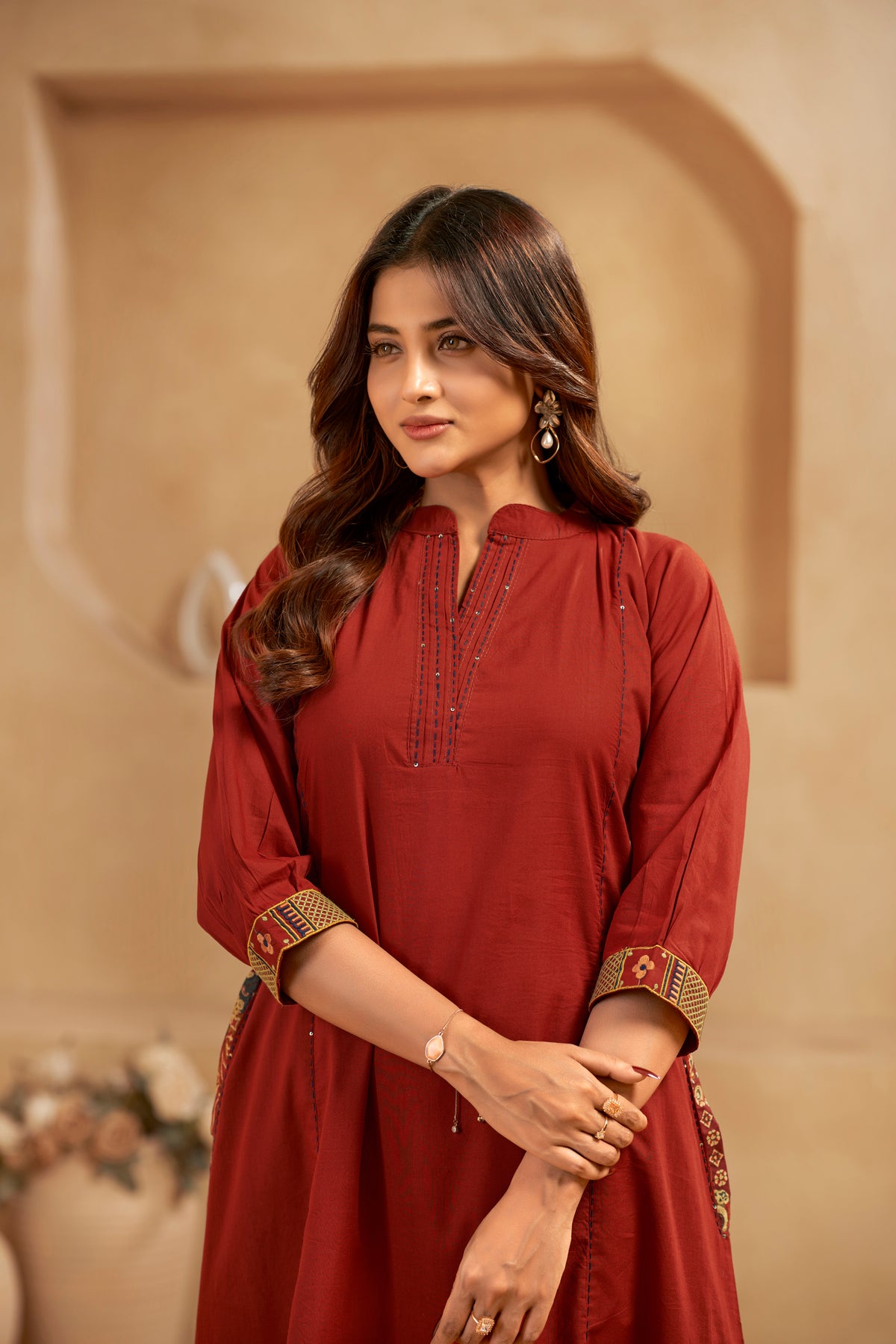 Maroon Embroidered Patchwork Designer Kurta Set