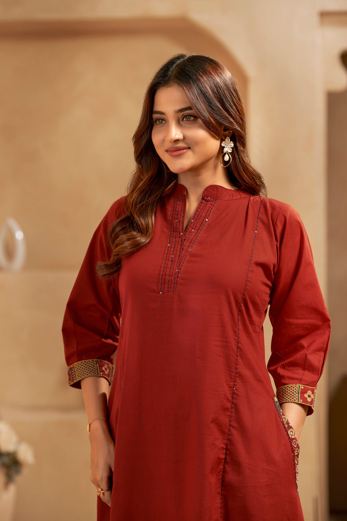 Maroon Embroidered Patchwork Designer Kurta Set