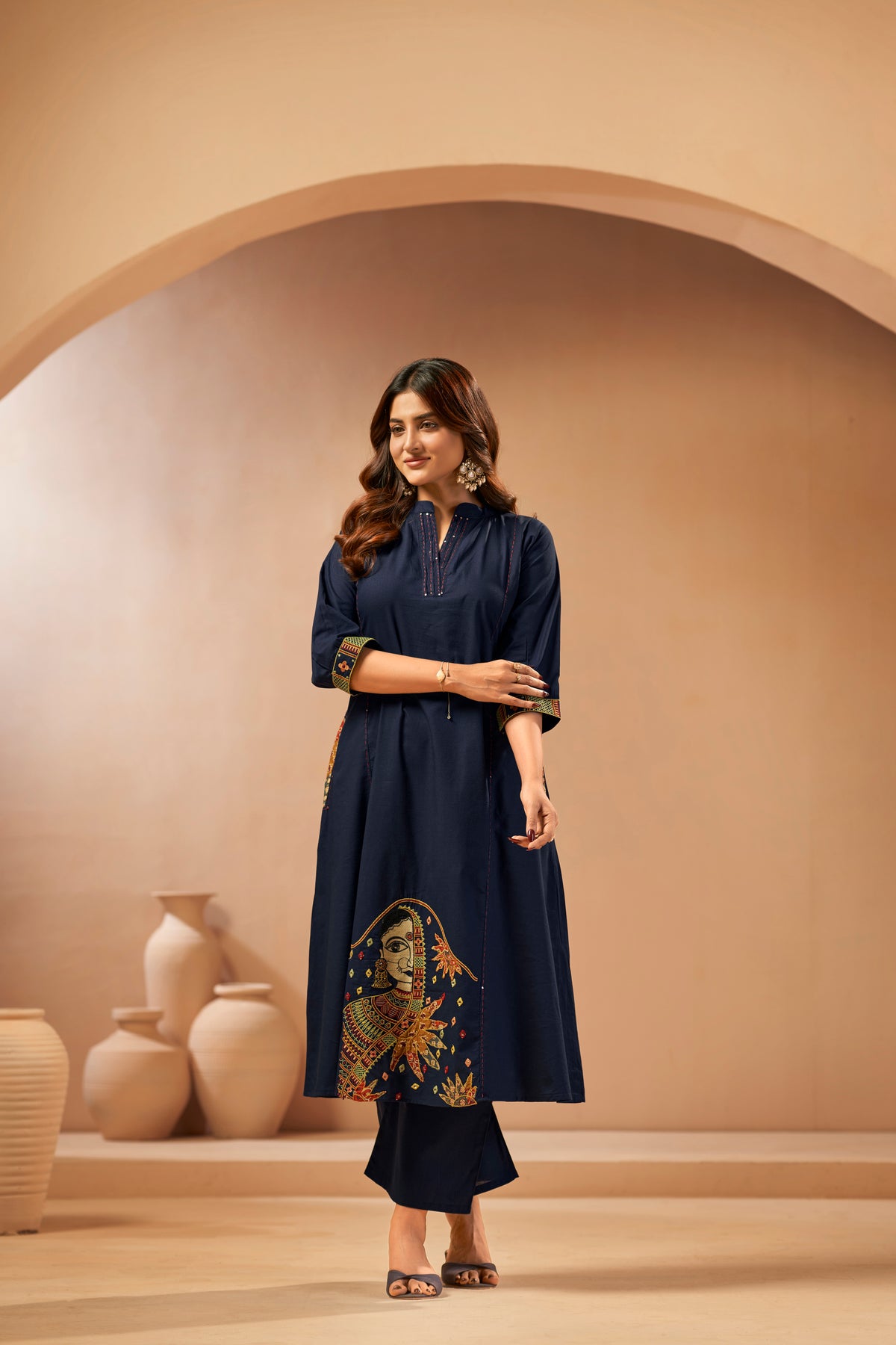 Navy Blue Embroidered Patchwork Designer Kurta Set