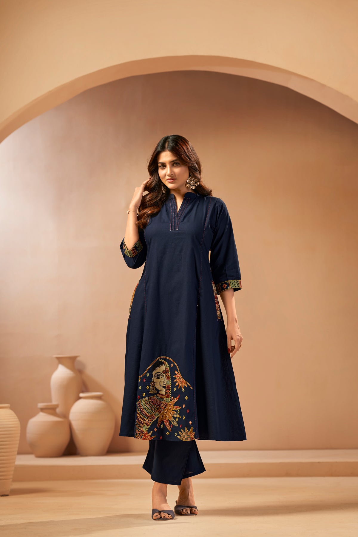 Navy Blue Embroidered Patchwork Designer Kurta Set