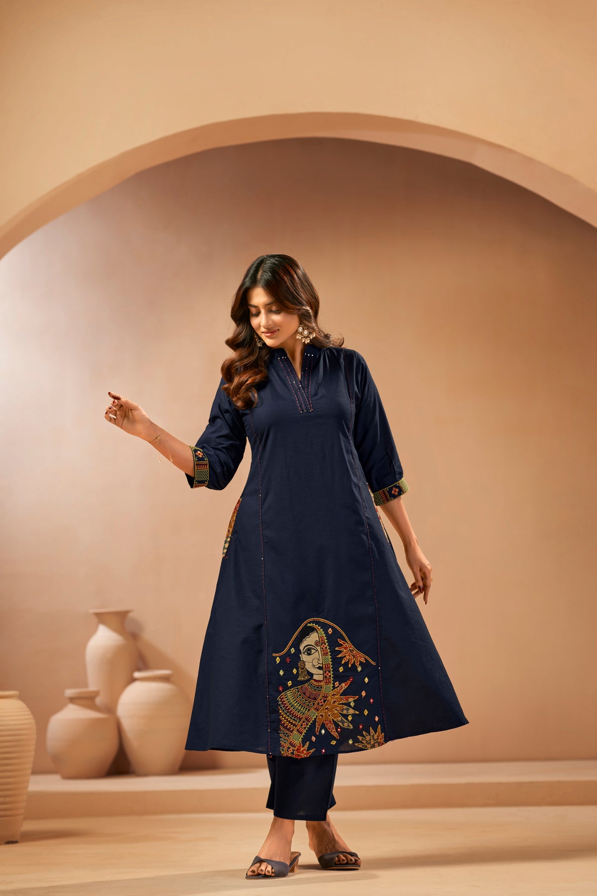 Navy Blue Embroidered Patchwork Designer Kurta Set