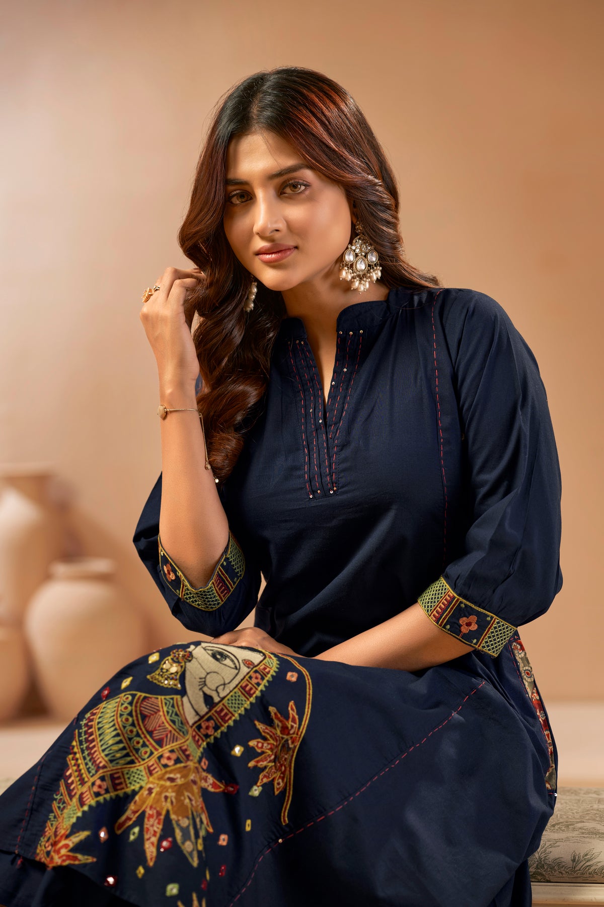 Navy Blue Embroidered Patchwork Designer Kurta Set