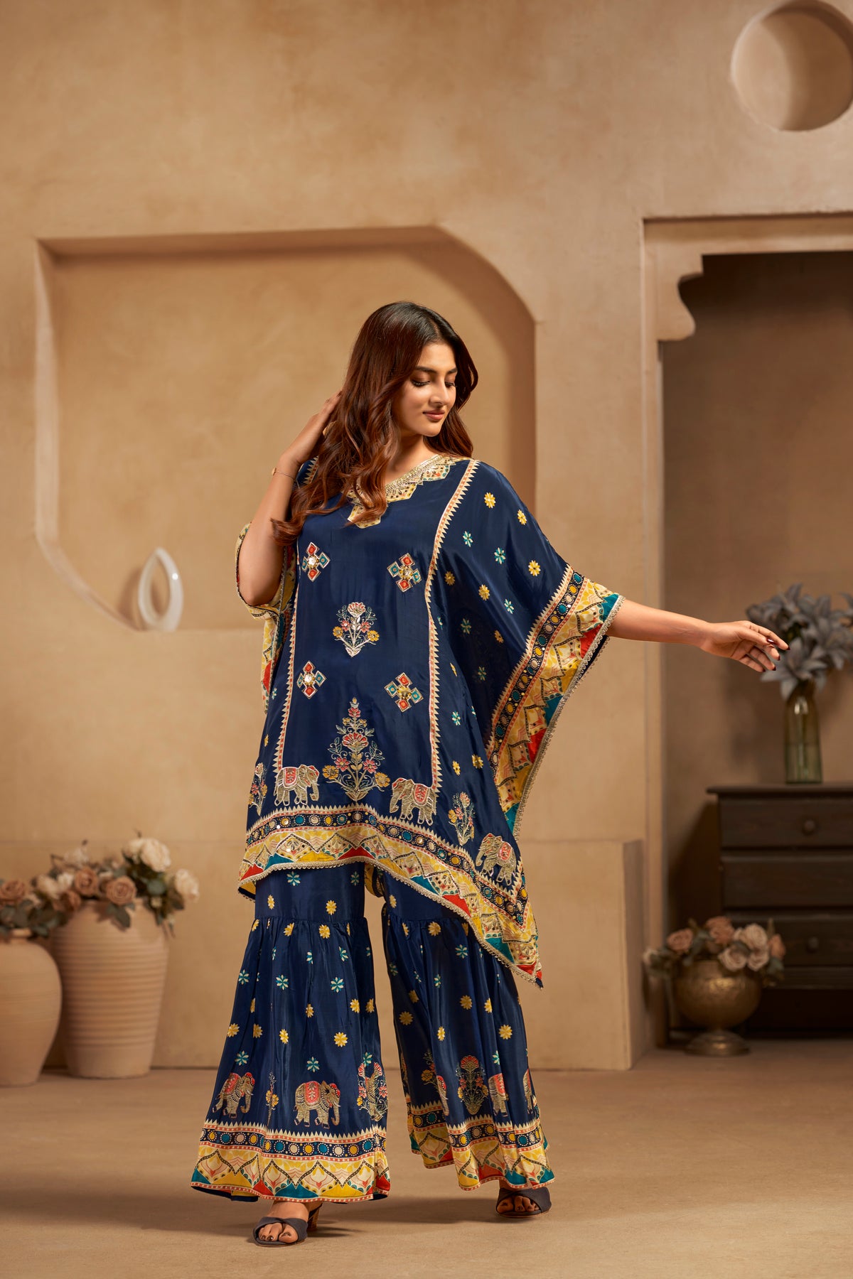 Navy Blue Printed Designer Kaftan Gharara Set