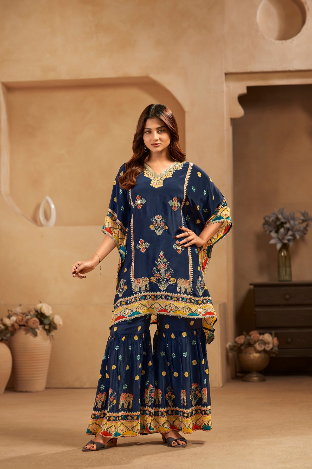 Navy Blue Printed Designer Kaftan Gharara Set