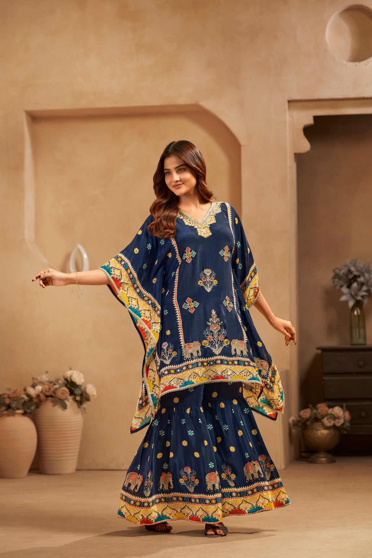 Navy Blue Printed Designer Kaftan Gharara Set