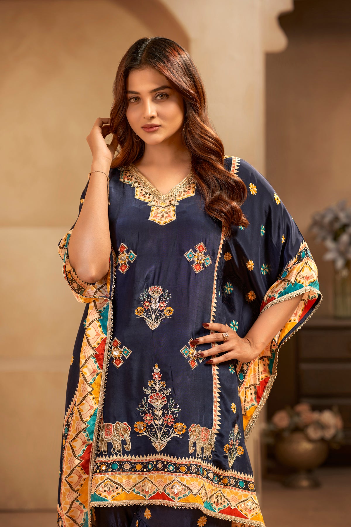 Navy Blue Printed Designer Kaftan Gharara Set