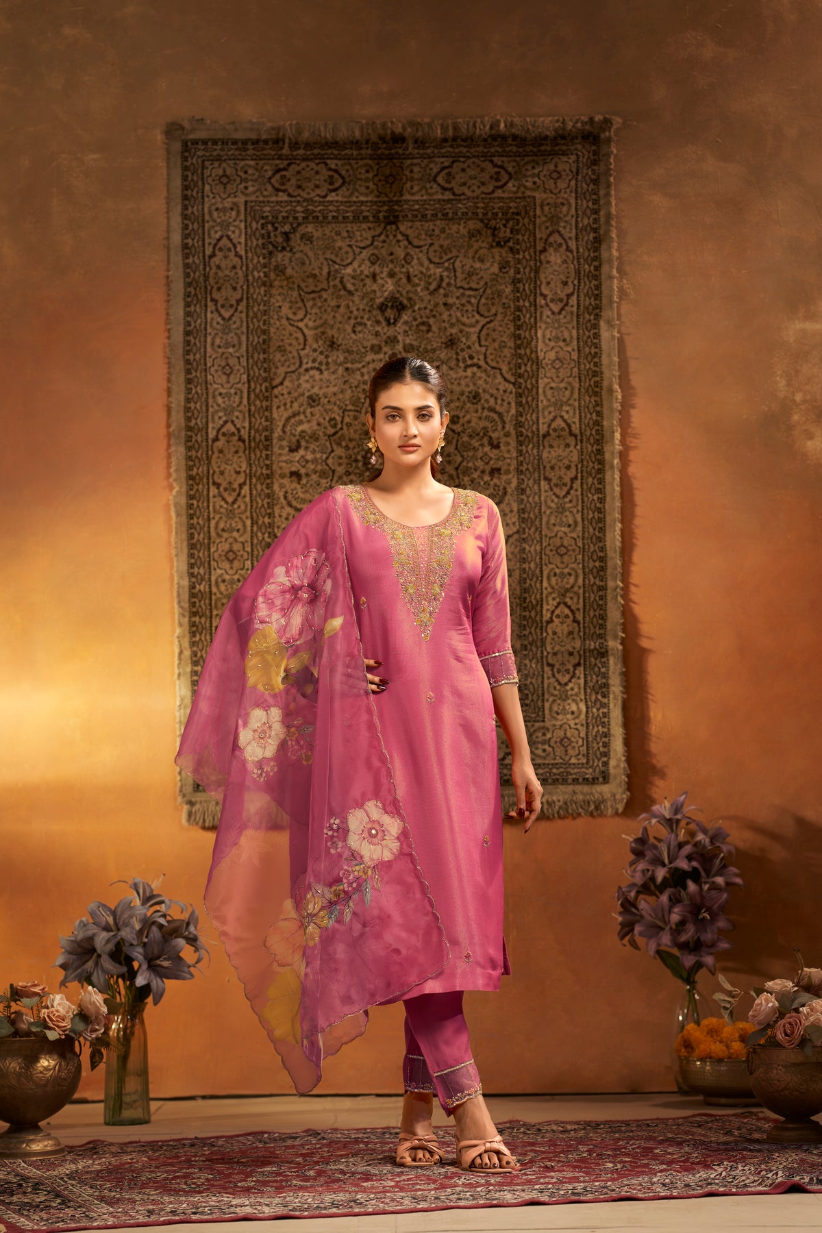 Rose Pink Tissue Silk Handcrafted Designer Suit Set