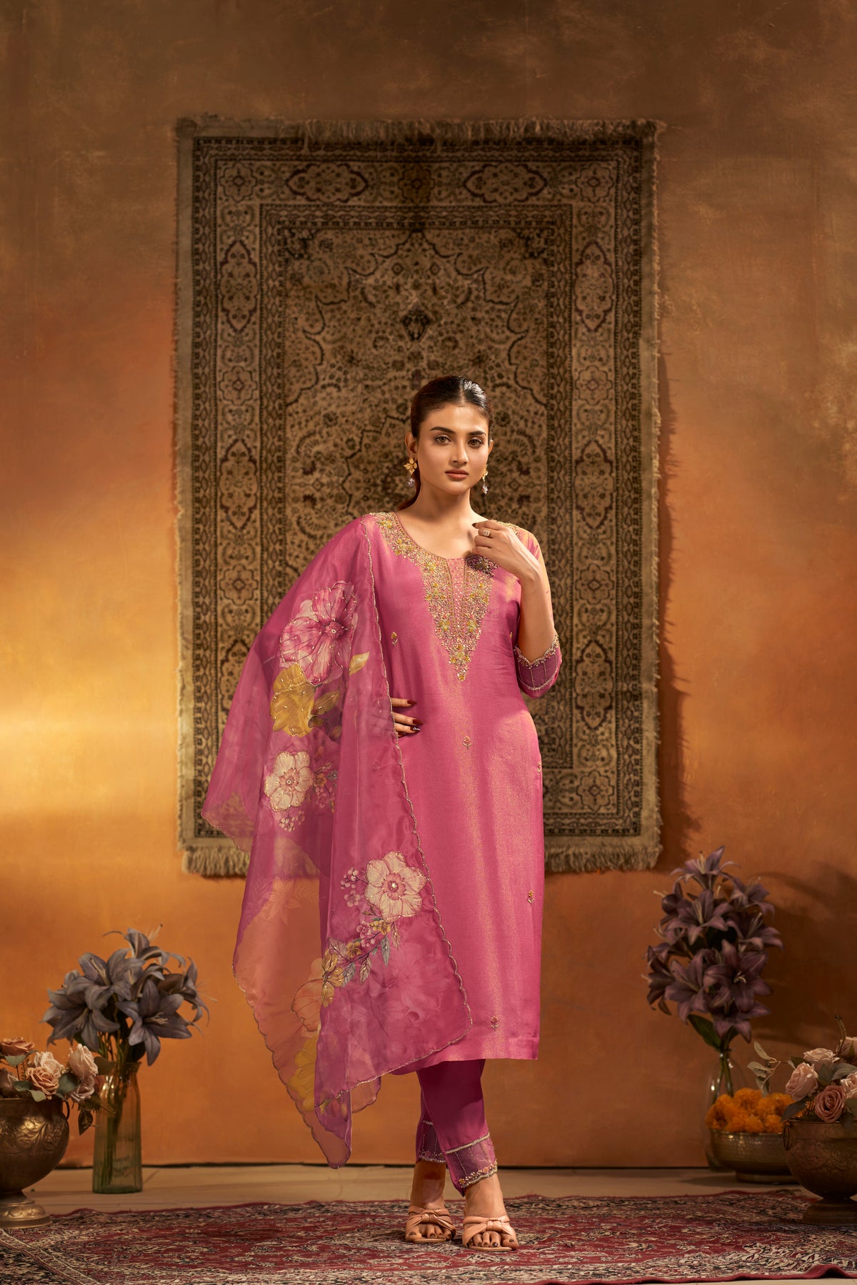 Rose Pink Tissue Silk Handcrafted Designer Suit Set
