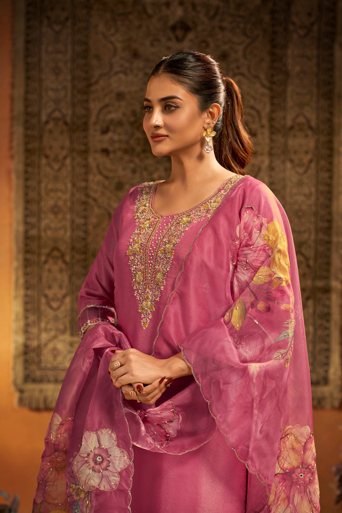 Rose Pink Tissue Silk Handcrafted Designer Suit Set