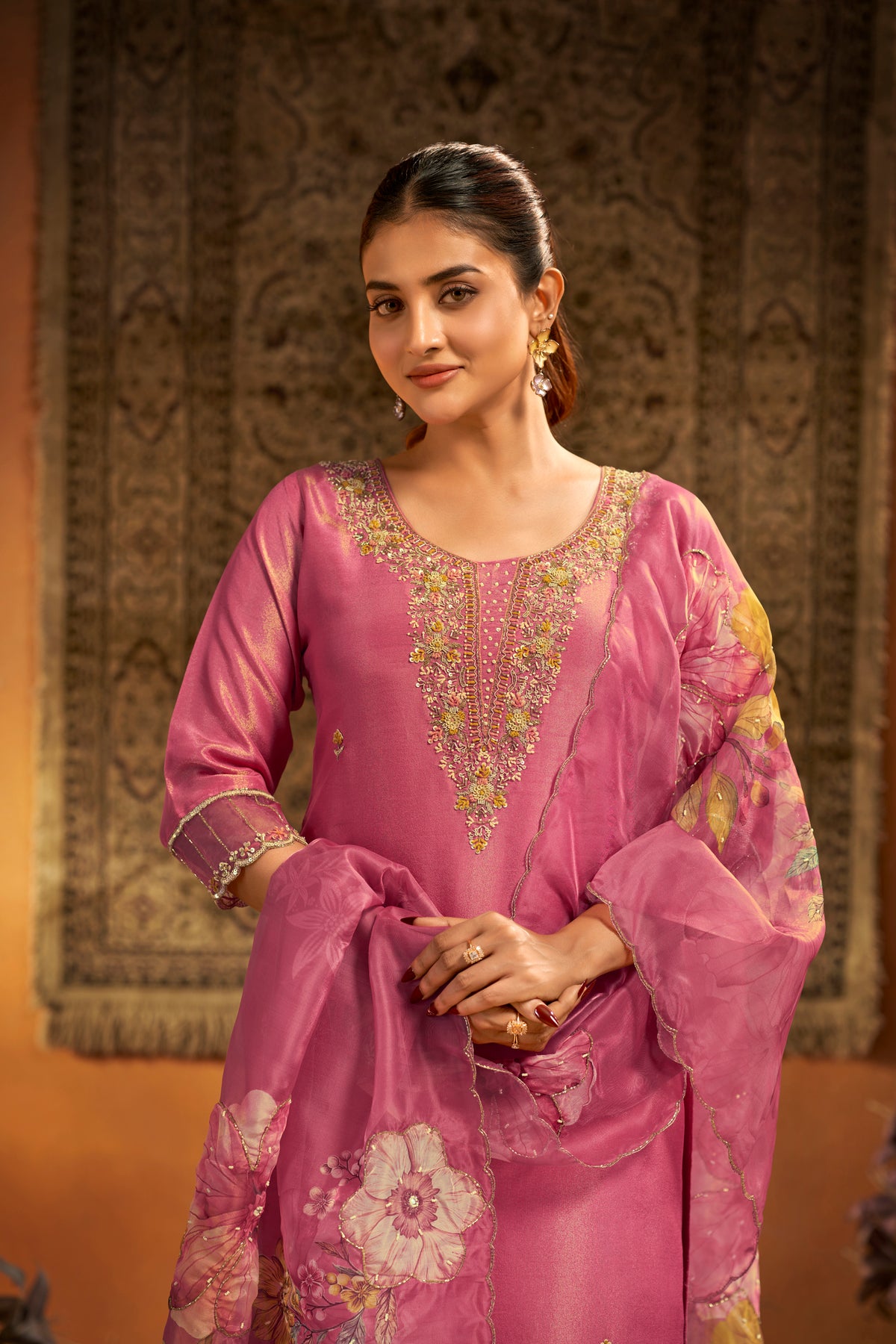 Rose Pink Tissue Silk Handcrafted Designer Suit Set