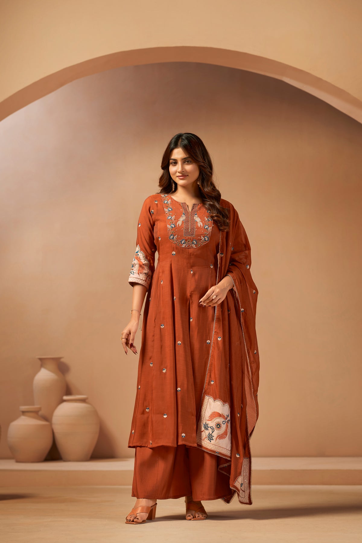 Rust Embroidered Applique Designer Kurta Set