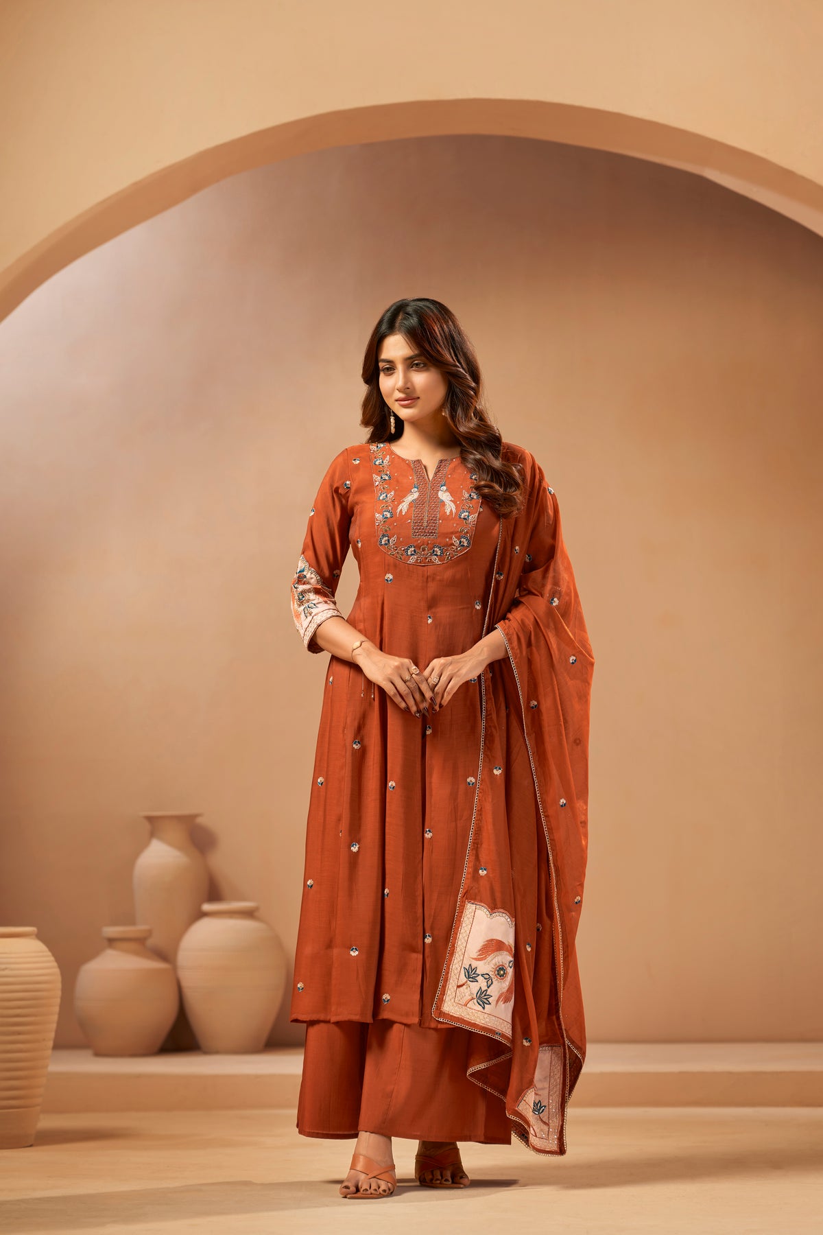 Rust Embroidered Applique Designer Kurta Set