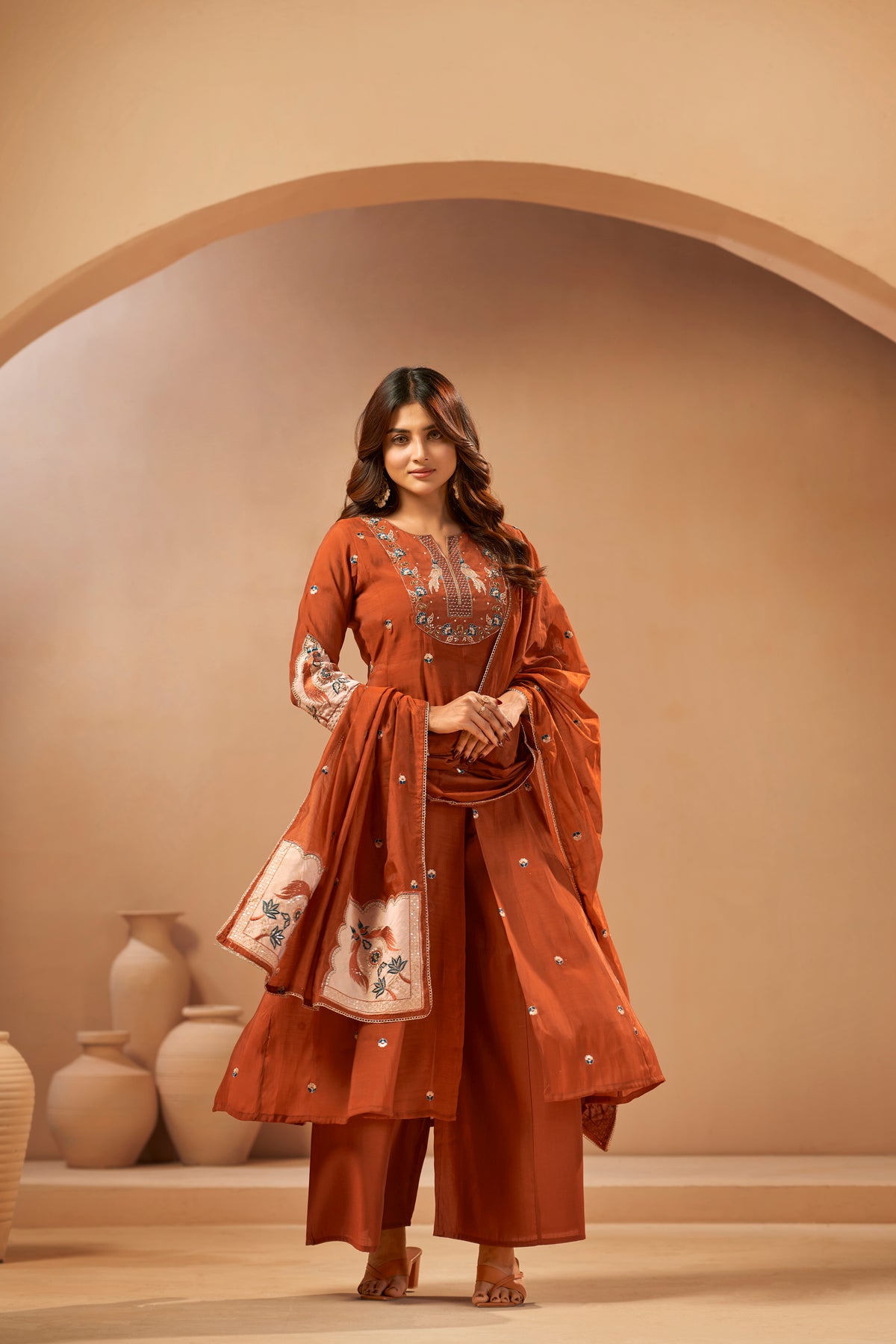 Rust Embroidered Applique Designer Kurta Set