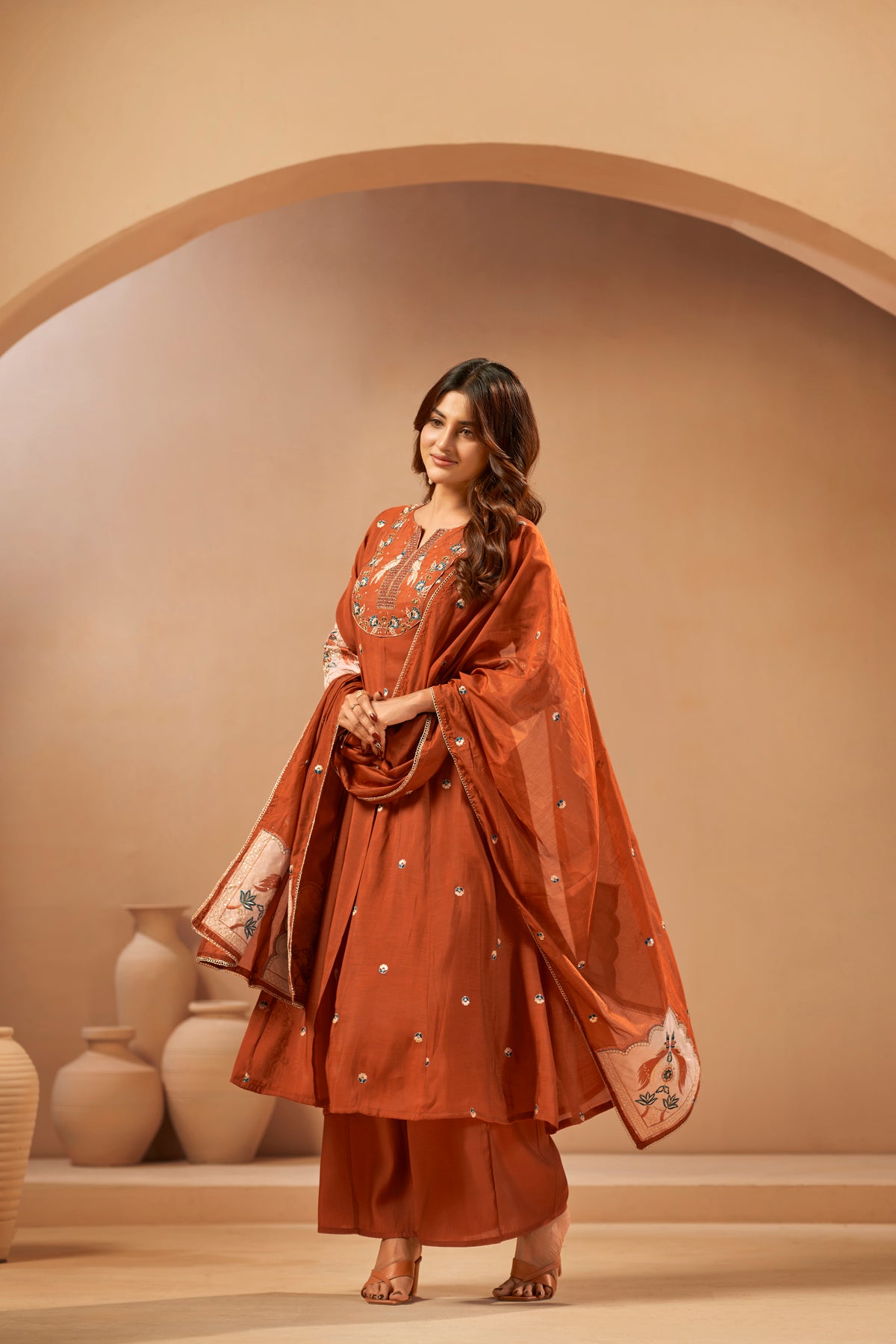 Rust Embroidered Applique Designer Kurta Set